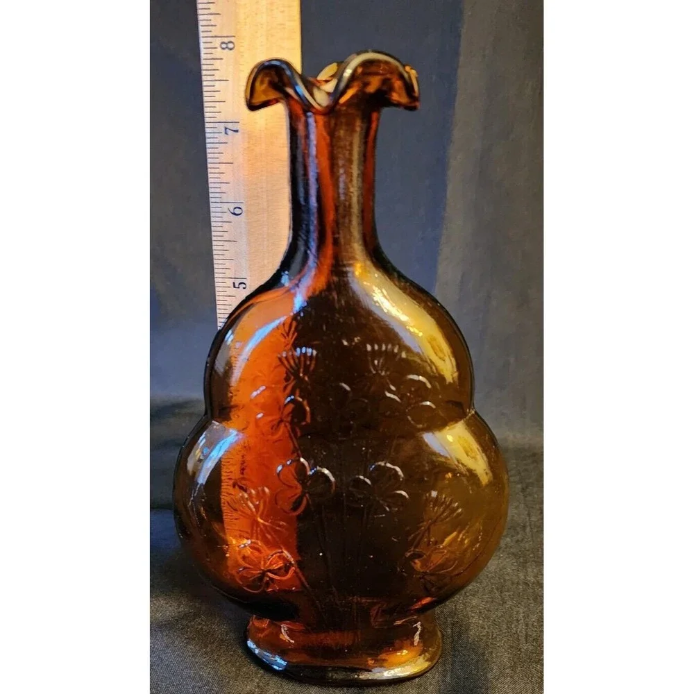 Vintage Amber Glass Bottle Vase Ruffled Mouth with Shamrock Clover Design - Picture 5 of 6